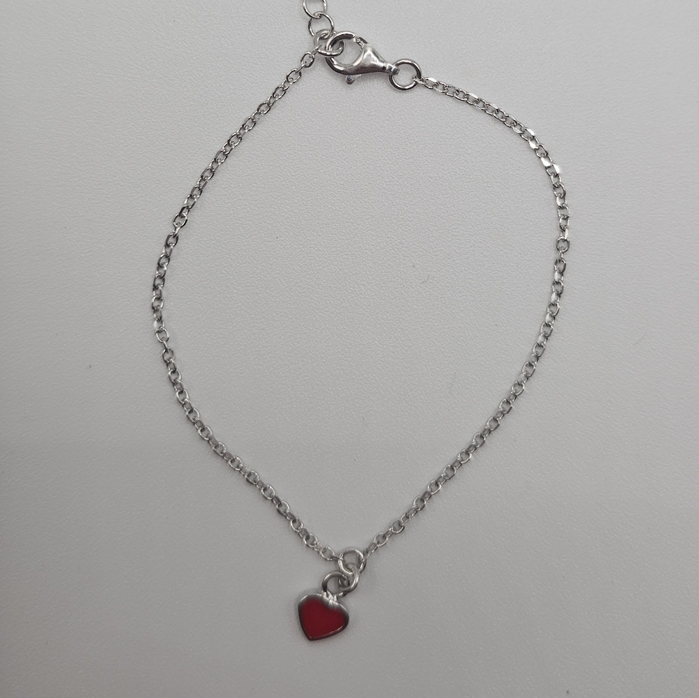 Sterling Silver 925 Rhodium Plated Rolo Link Red Enamel Heart Bracelet - Picture 8 of 15